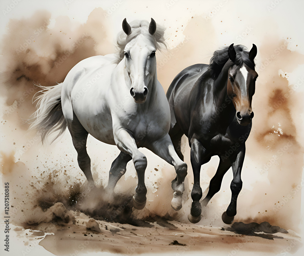 Obraz premium Dusty Trail Black and White Horses Painted in Motion with blur background ai