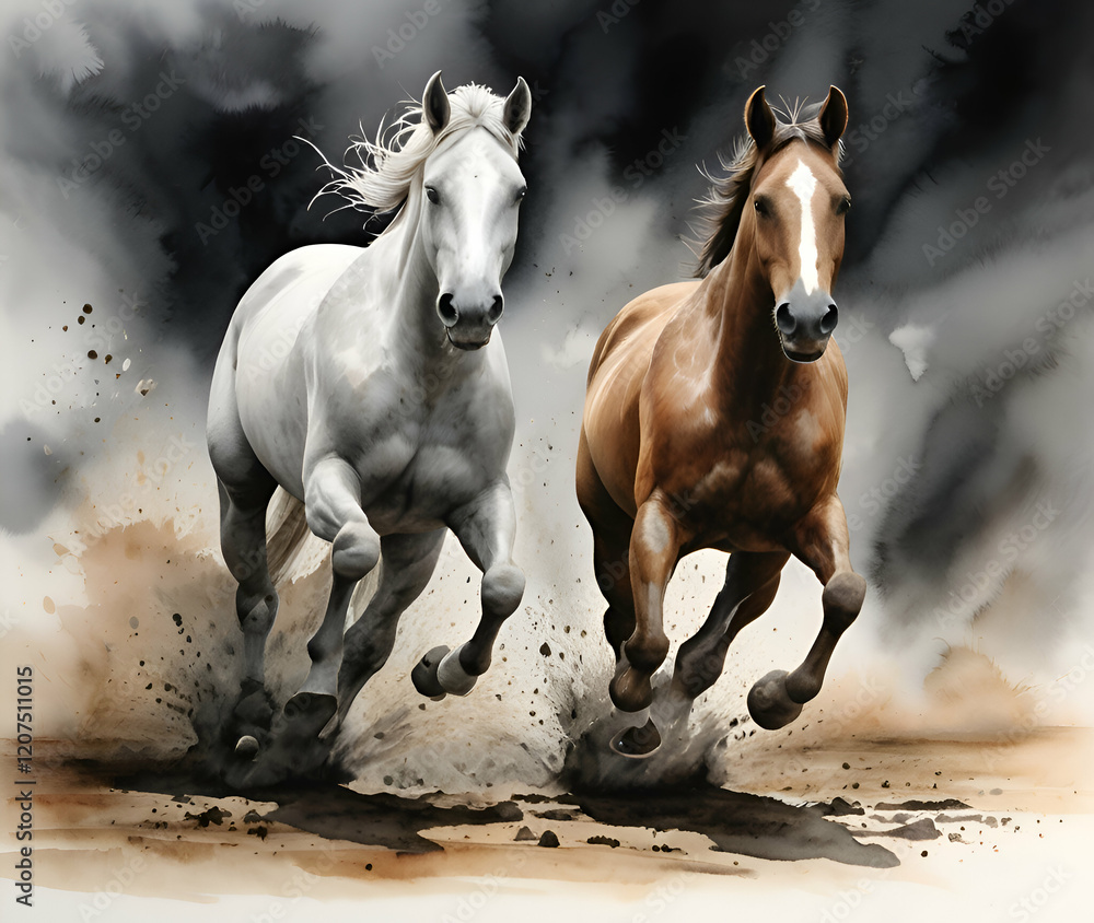 Fototapeta premium Dusty Trail Black and White Horses Painted in Motion with blur background ai 