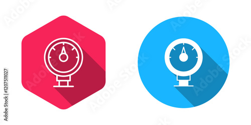 Filled and outline Motor gas gauge icon isolated with long shadow background. Empty fuel meter. Full tank indication. Vector