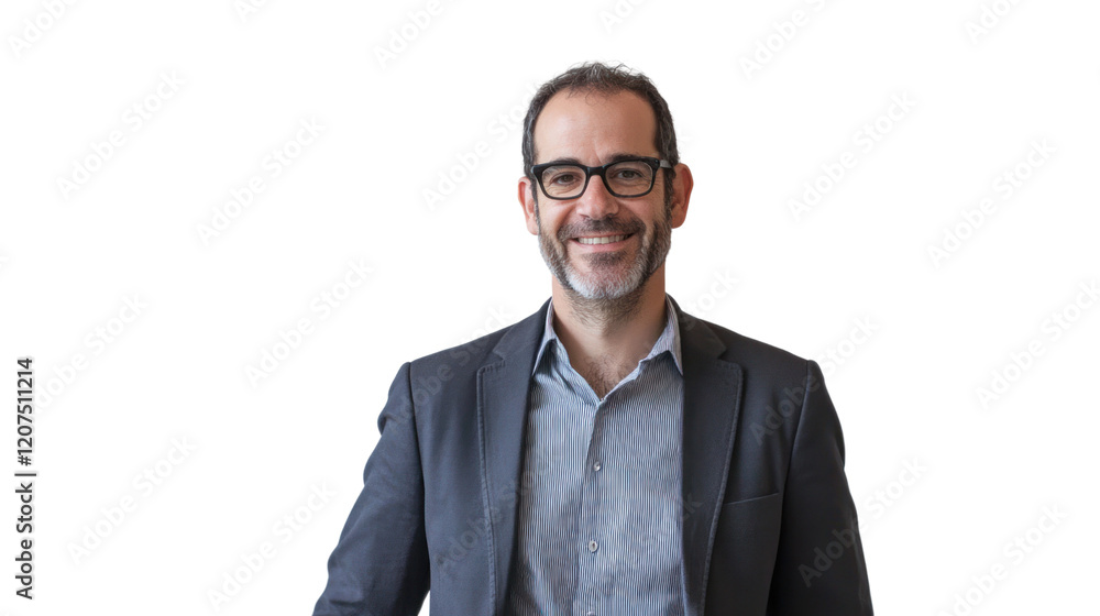 Professional man smiling confidently in a suit, isolated on a white background, portraying approachability and success. Professional man smiling confidently in a suit, isolated on a white background, portraying approachability and success.