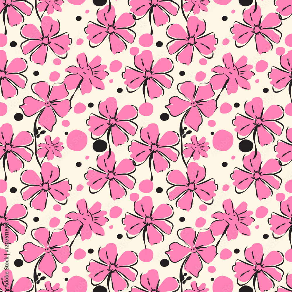 Vector illustration of bright pink seamless pattern flower with ink style circle dots on a cream colored background. Have fun and lively For design, printed fabric, wallpaper, card, packaging, fashion Vector illustration of bright pink seamless pattern flower with ink style circle dots on a cream colored background. Have fun and lively For design, printed fabric, wallpaper, card, packaging, fashion