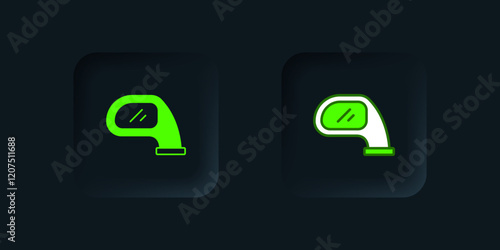 Green Car mirror icon isolated on black background. Black square button. Vector