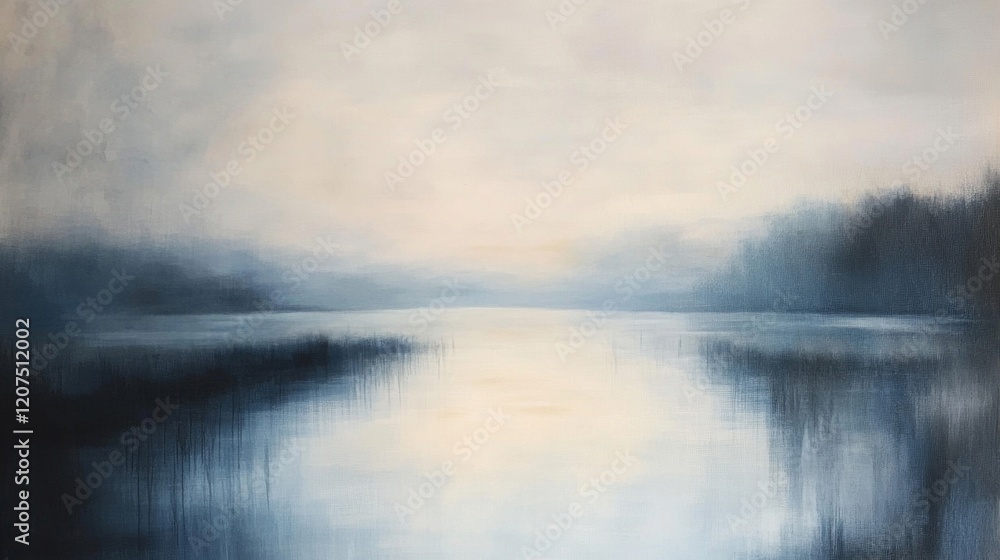 Fototapeta premium Peaceful lake landscape with soft blue and grey tones