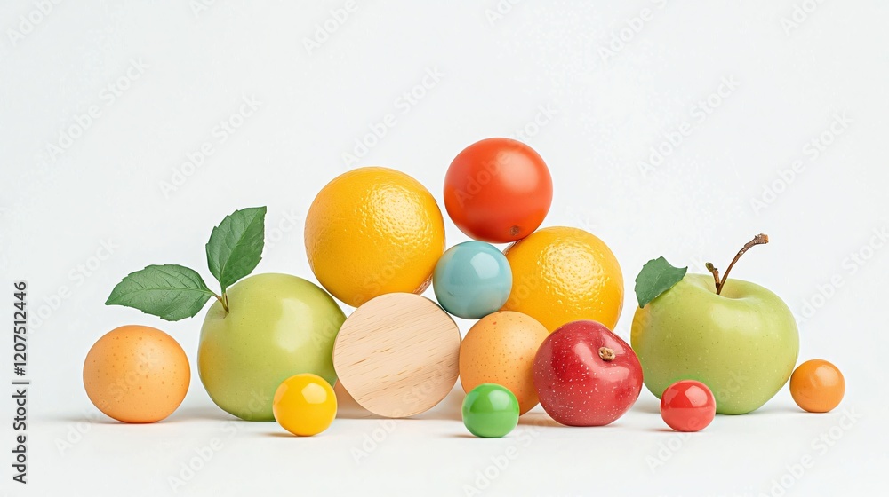 Colorful Arrangement of Fruits and Spheres on a White Background with a Minimalist Design Colorful Arrangement of Fruits and Spheres on a White Background with a Minimalist Design