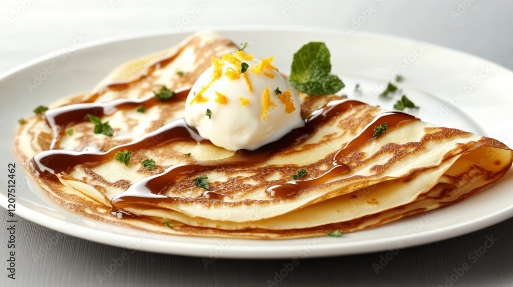 Flambeed crepes Suzette served with orange zest caramelized sauce and a side of vanilla ice cream rare classic French food flamboyant dessert Flambeed crepes Suzette served with orange zest caramelized sauce and a side of vanilla ice cream rare classic French food flamboyant dessert