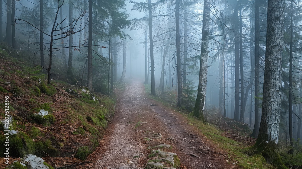 Fototapeta premium Serene Misty Forest Pathway in Early Morning