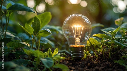 Illuminated Lightbulb Amidst Lush Greenery