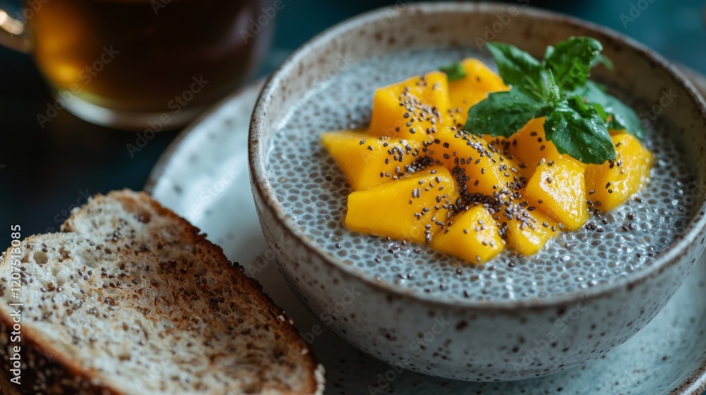 Breakfast flatlay with chia pudding tea and toast Breakfast flatlay with chia pudding tea and toast