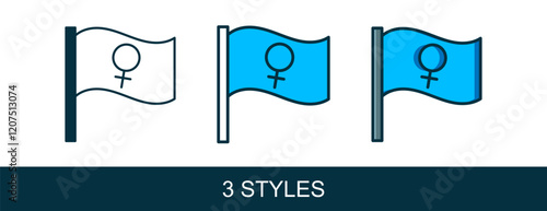 Filled outline Female movement, feminist activist with banner and placards icon isolated on white background. Feminist rights movement, feminism sisterhood. Vector