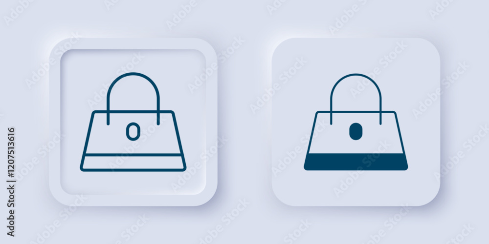 Filled and outline Handbag icon isolated on grey background. Female handbag sign. Glamour casual baggage symbol. Square button. Vector Filled and outline Handbag icon isolated on grey background. Female handbag sign. Glamour casual baggage symbol. Square button. Vector
