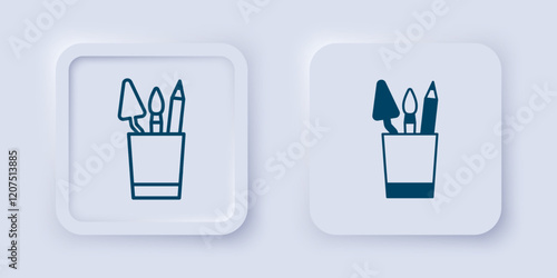 Filled and outline Pencil case stationery icon isolated on grey background. Pencil, pen, ruler in a glass for office. Square button. Vector photo