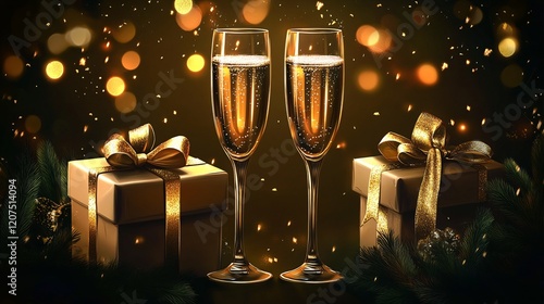 Two elegant champagne glasses with golden bubbles, surrounded by festive gifts and sparkling lights. photo