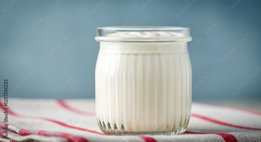 Fresh yogurt in a glass jar on a striped kitchen towel Fresh yogurt in a glass jar on a striped kitchen towel