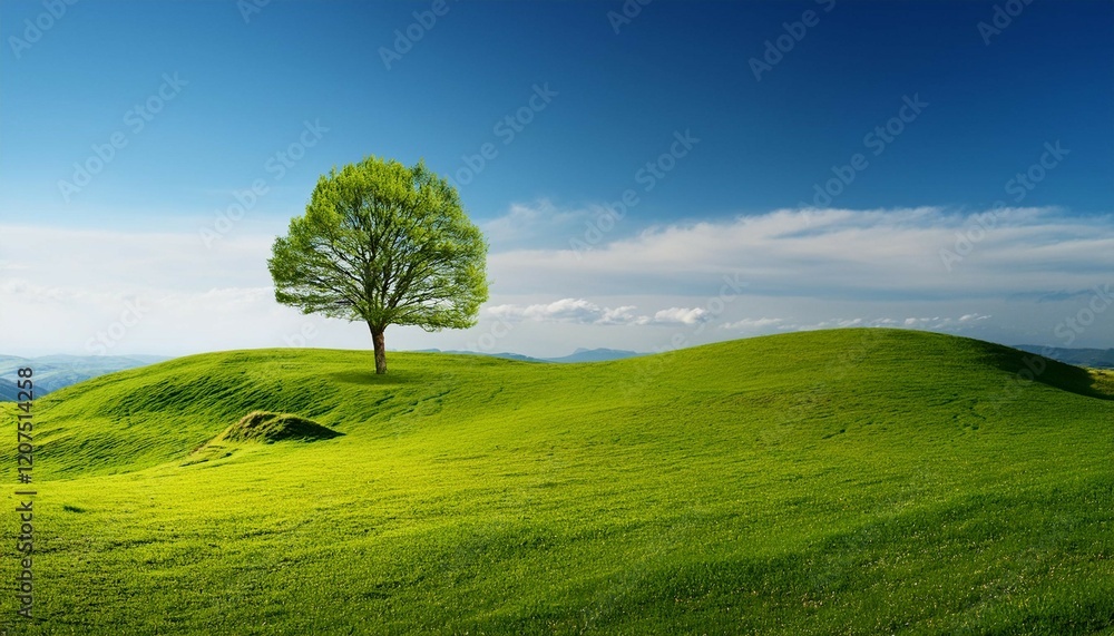 Fototapeta premium spring landscape with a lone tree on a hill
