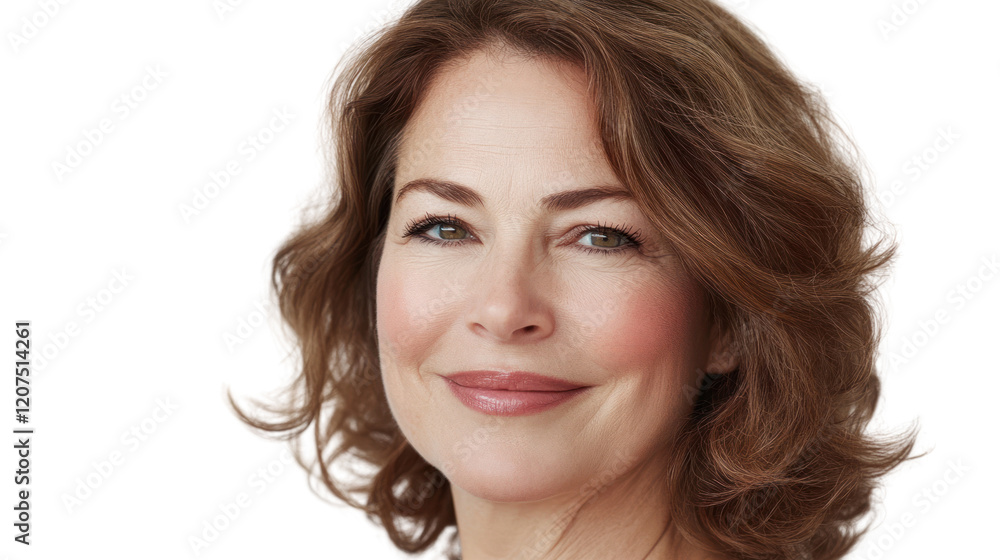 Smiling middle-aged woman with curly hair, wearing a gentle expression. Ideal for themes of positivity, confidence, and self-care. Smiling middle-aged woman with curly hair, wearing a gentle expression. Ideal for themes of positivity, confidence, and self-care.