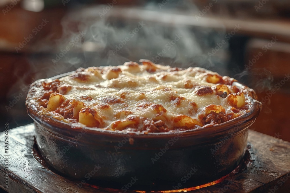 Steaming Pasta Bake with Melted Cheese in Earthenware Pot Generated AI Steaming Pasta Bake with Melted Cheese in Earthenware Pot Generated AI