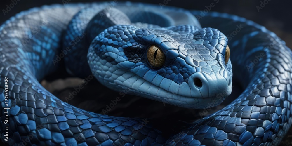 Blue viper snake with vibrant scales and intense gaze, wildlife, slither, danger Blue viper snake with vibrant scales and intense gaze, wildlife, slither, danger