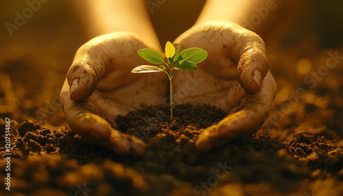 A hand planting a small green plant in rich soil under the warm glow of sunlight, symbolizing growth and sustainable practices photo