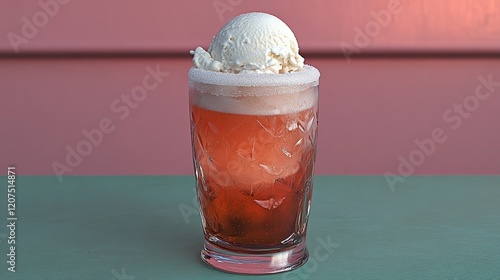 Root beer served in a frosted stein with a scoop of vanilla ice cream set against the backdrop of a glowing sunset rare root beer aesthetic golden hour refreshment  photo