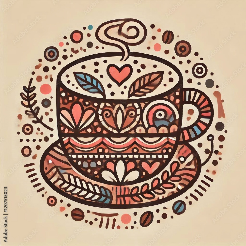 Fototapeta premium Abstract drawing of a cup of coffee. With different patterns in flat style