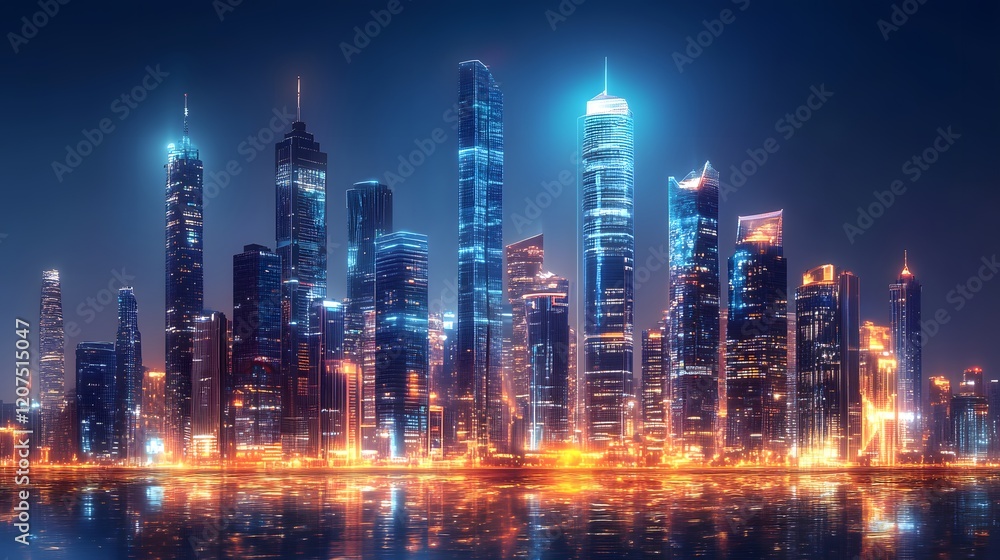 Obraz premium Futuristic Glowing Cityscape at Night Featuring Towering Skyscrapers and Reflections on Water