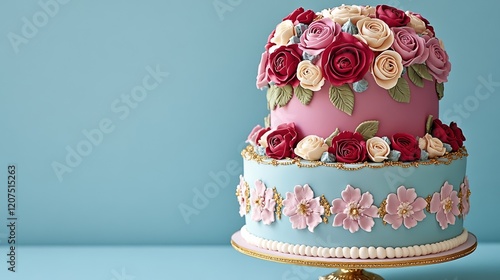 Towering Rococo cake with intricate sugar flowers and golden accents centerpiece of an opulent buffet spread rare Rococo party dessert decadence  photo