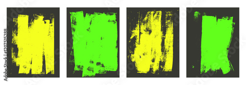 Linocut texture. Ink roller background. Grunge letterpress rectangles. Dry neon yellow and green brayer striped lines on dark background. Painted relief stains. Vector lino eroded illustration.