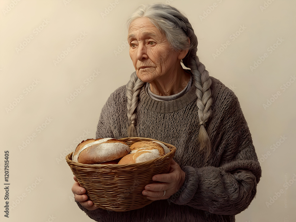 Elderly woman holding a basket of freshly baked bread, wearing a cozy grey sweater, standing against a neutral beige background, capturing a humble and traditional moment Elderly woman holding a basket of freshly baked bread, wearing a cozy grey sweater, standing against a neutral beige background, capturing a humble and traditional moment