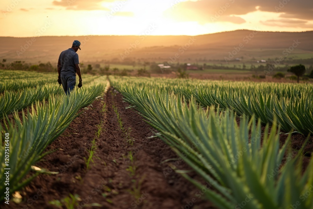 Harvesting aloe vera by hand in a rural field at sunset capturing nature's bounty in a serene landscape inspiring sustainable agriculture practices Harvesting aloe vera by hand in a rural field at sunset capturing nature's bounty in a serene landscape inspiring sustainable agriculture practices