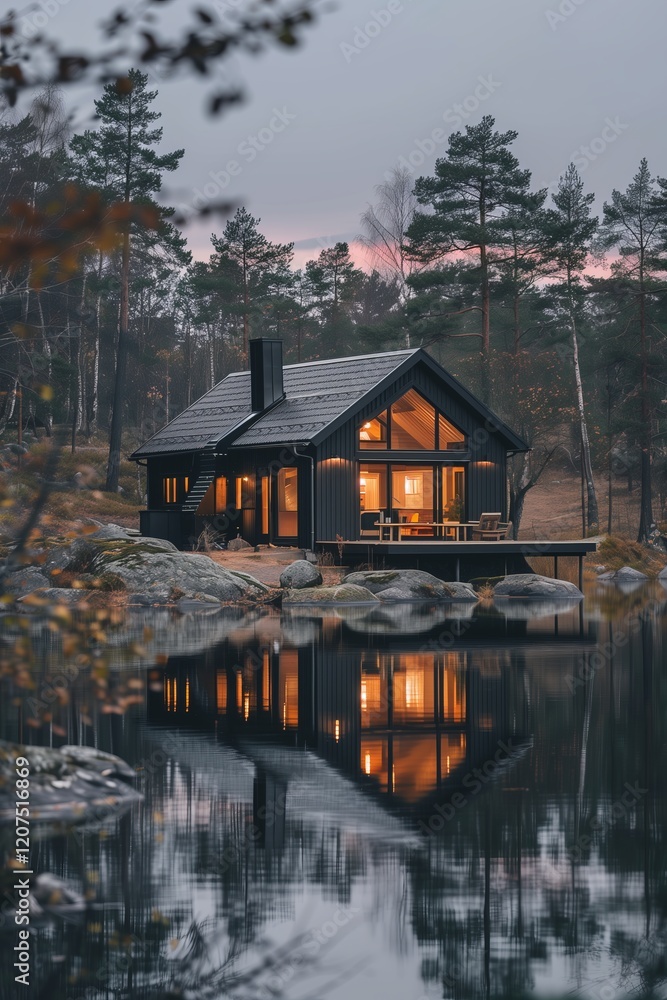 Fototapeta premium A serene lakeside cabin reflecting in calm waters during twilight.