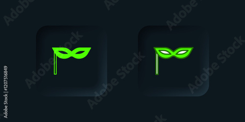 Green Carnival mask icon isolated on black background. Masquerade party mask. Black square button. Vector