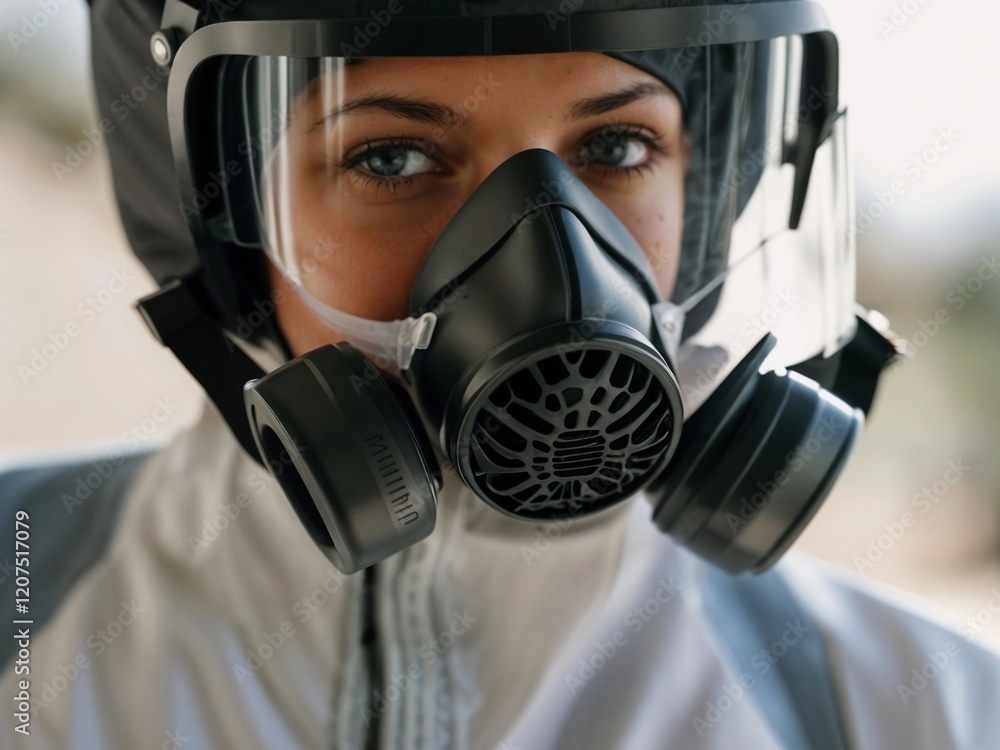 Close-up of a person wearing a respirator mask and protective gear. Close-up of a person wearing a respirator mask and protective gear.