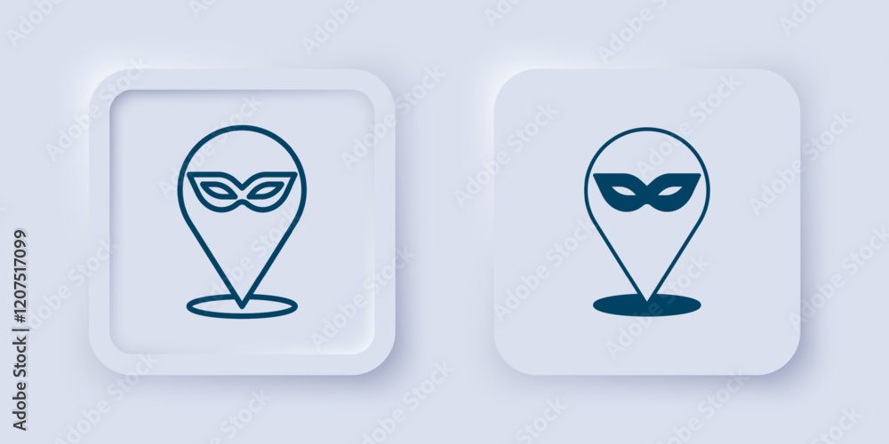 Filled and outline Carnival mask icon isolated on grey background. Masquerade party mask. Square button. Vector Filled and outline Carnival mask icon isolated on grey background. Masquerade party mask. Square button. Vector
