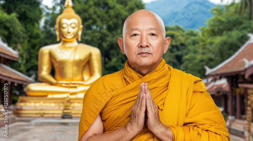 A serene monk in traditional robes offers a prayer in front of a large golden Buddha statue, surrounded by lush greenery and temple architecture. photo