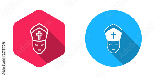 Filled and outline Pope icon isolated with long shadow background. Pope hat. Holy father. Vector