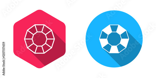 Filled and outline Diamond icon isolated with long shadow background. Jewelry symbol. Gem stone. Vector