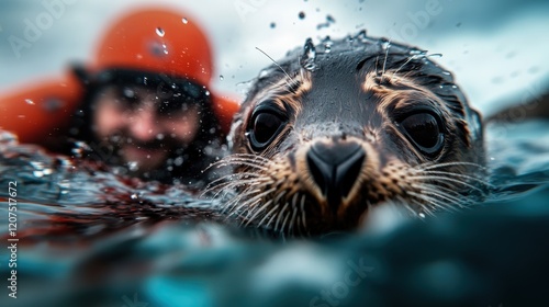 A delightful close-up of a friendly seal swimming effortlessly towards a photographer, with splashes accentuating its playful nature in a dynamic marine environment under dramatic lighting. photo