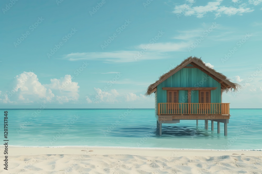 A serene tropical hut overlooking the calm, turquoise waters of a beautiful beach. A serene tropical hut overlooking the calm, turquoise waters of a beautiful beach.