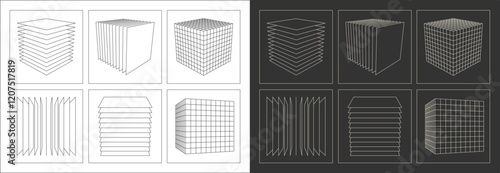 Wireframe 3D cube shapes vector. graphic asset in a retro futuristic style, featuring wireframe elements in various forms and bold modern shapes, ideal for design templates, posters, banners, clothing