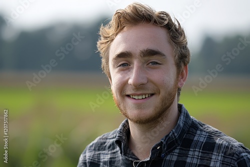 A smiling young man stands outdoors in a checkered shirt, surrounded by a green field, conveying a warm and friendly demeanor.