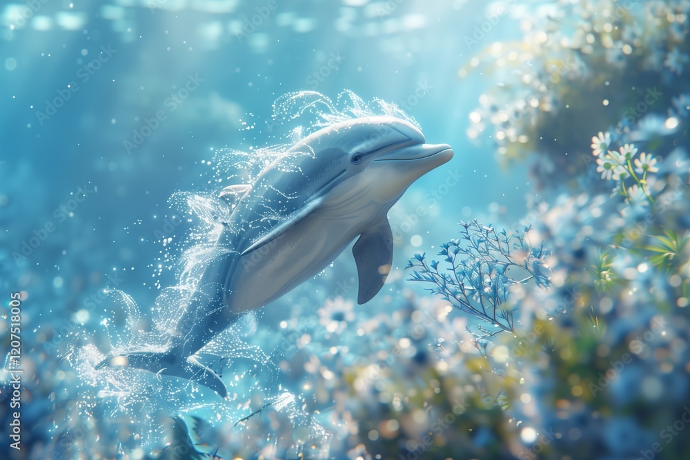 Fototapeta premium A serene underwater scene featuring a dolphin swimming gracefully through vibrant corals.