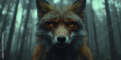 Glowing-eyed fox in dark forest.