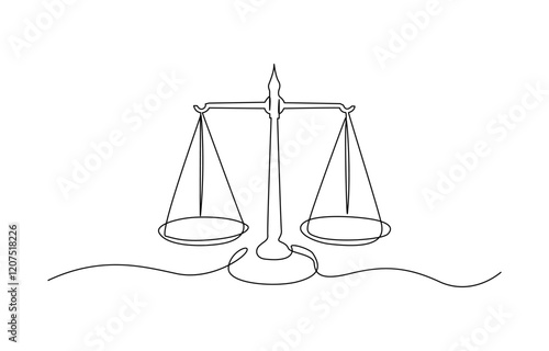 Court legal scale in continuous one drawing. Libra or law identity concept simple vector illustartion, One solid line draws the balance of law and the scope of justice. Libra thin icon.