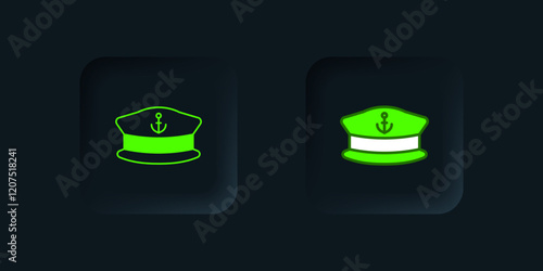 Green Captain hat icon isolated on black background. Black square button. Vector