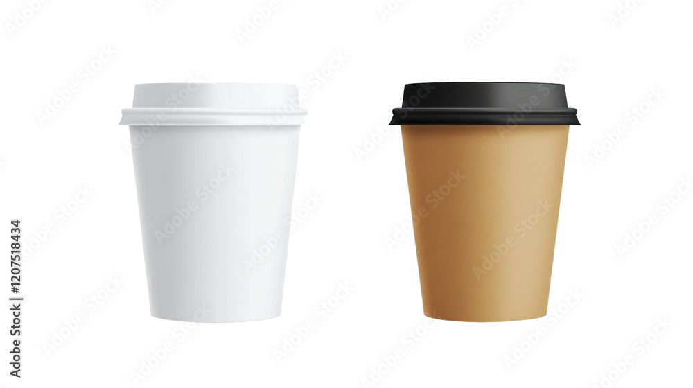 Two coffee cups, one white and one brown, isolated on a white background, ideal for illustrations related to beverages and takeaway coffee culture. Two coffee cups, one white and one brown, isolated on a white background, ideal for illustrations related to beverages and takeaway coffee culture.