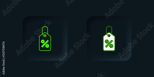 Green Discount percent tag icon isolated on black background. Shopping tag sign. Special offer sign. Discount coupons symbol. Black square button. Vector