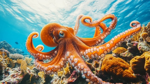 A bottom view of a coral reef, with a large octopus swimming gracefully past, its tentacles moving elegantly through the clear water, surrounded by vibrant corals and marine life. photo