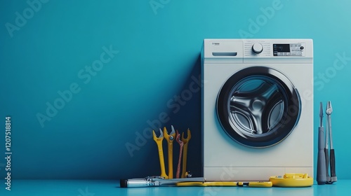 A clean, minimalistic image of a washing machine with a professional repair technician's tools laid neatly beside it, leaving ample space on the side for text or advertising photo