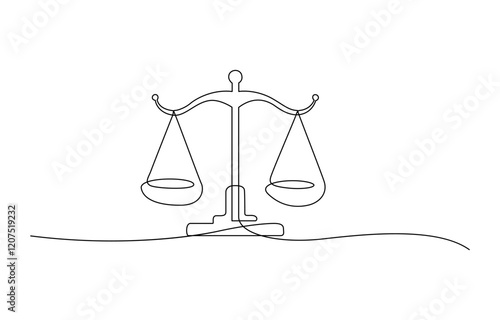 Court legal scale in continuous one drawing. Libra or law identity concept simple vector illustartion, One solid line draws the balance of law and the scope of justice. Libra thin icon.