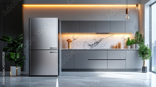 A sleek, modern kitchen with a large refrigerator in the foreground, accompanied by empty space on the right for promotional content, highlighting appliance repair services in a minimalist style photo